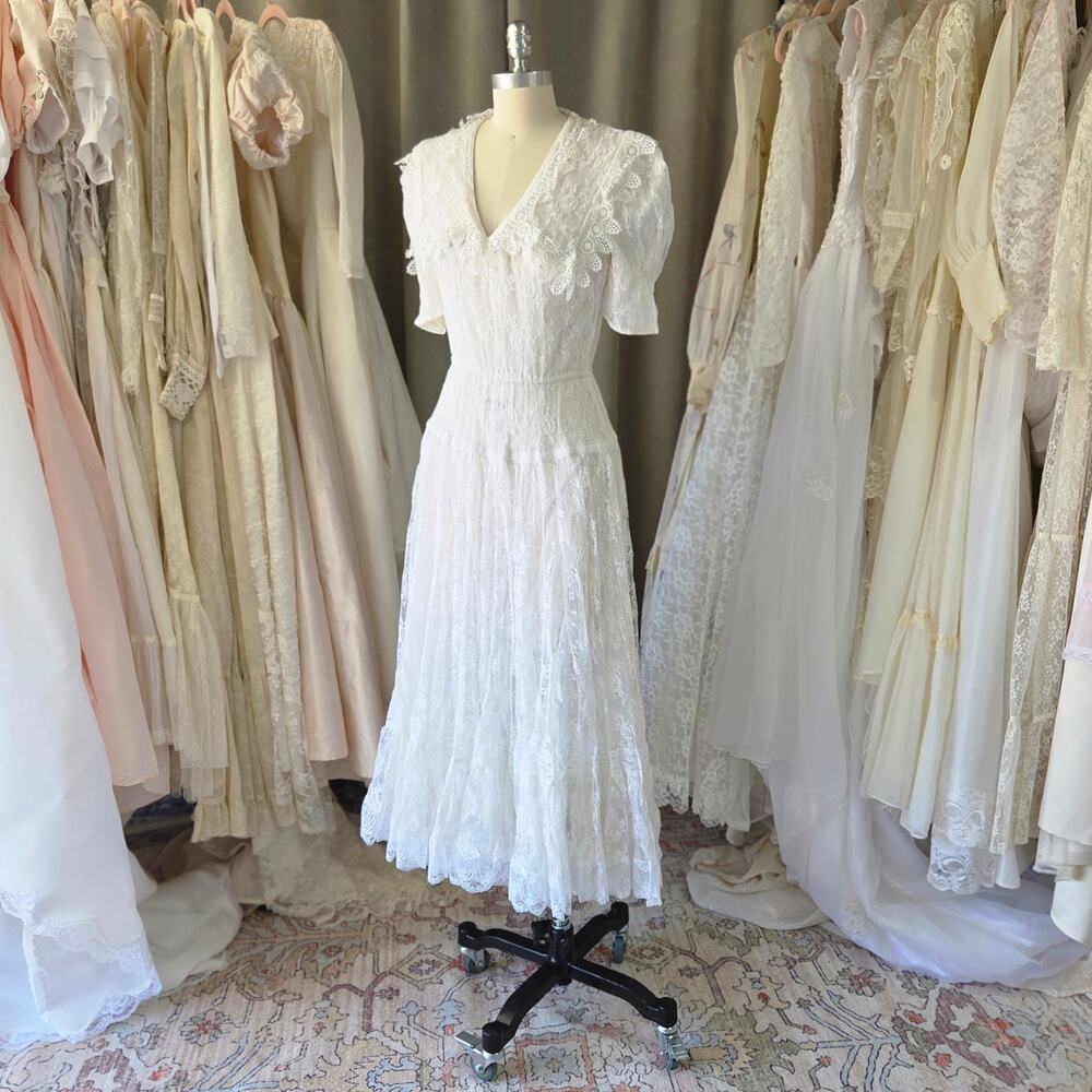 Vintage 90s Jessica McClintock Wedding Dress Size 4 S Edwardian Tea Length White